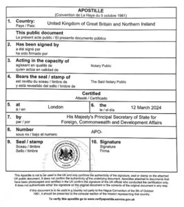 Exemplo de selo de apostilha emitido pelo Foreign Office do Reino Unido (FCDO)